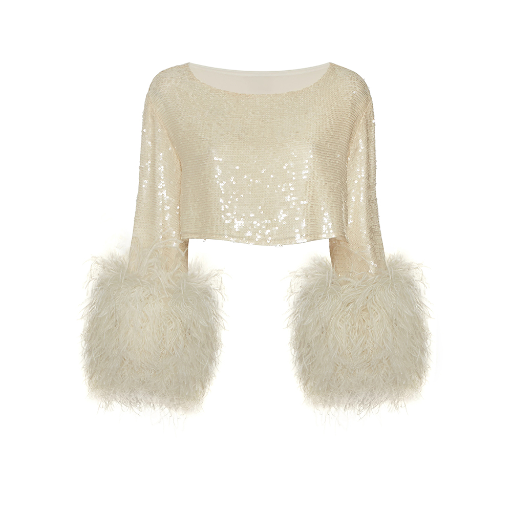 Feather Hem Sequin Top & Skirt Suit