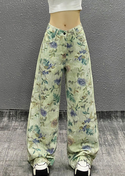 Stylish Green Print High Waist Denim Pants Summer