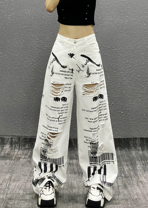 Modern White Print Hole High Waist Denim Wide Leg Pants Summer