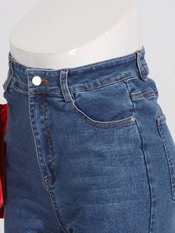 Chic Red Tied High Waist Buttoned Straight Jeans