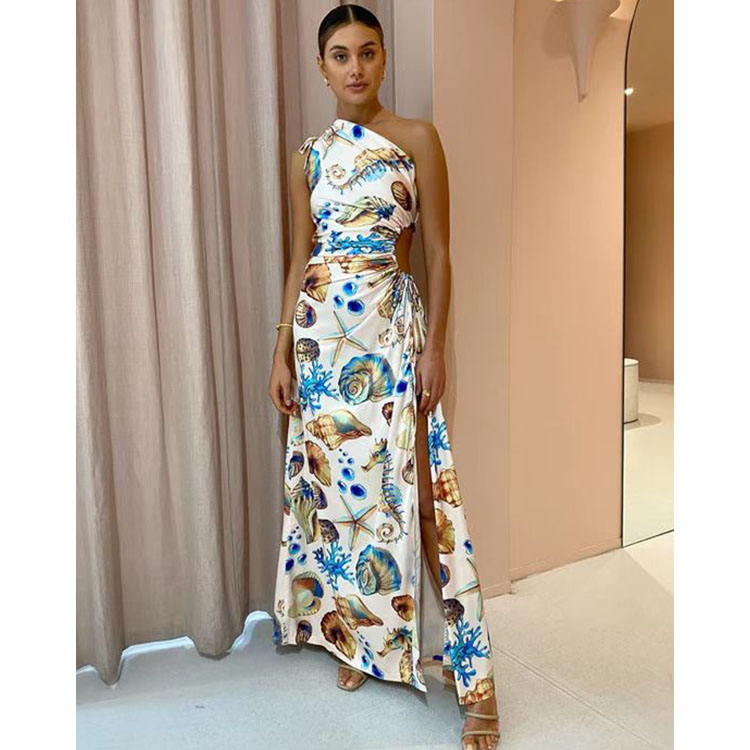 Oblique Shoulder Conch  Printed Dress