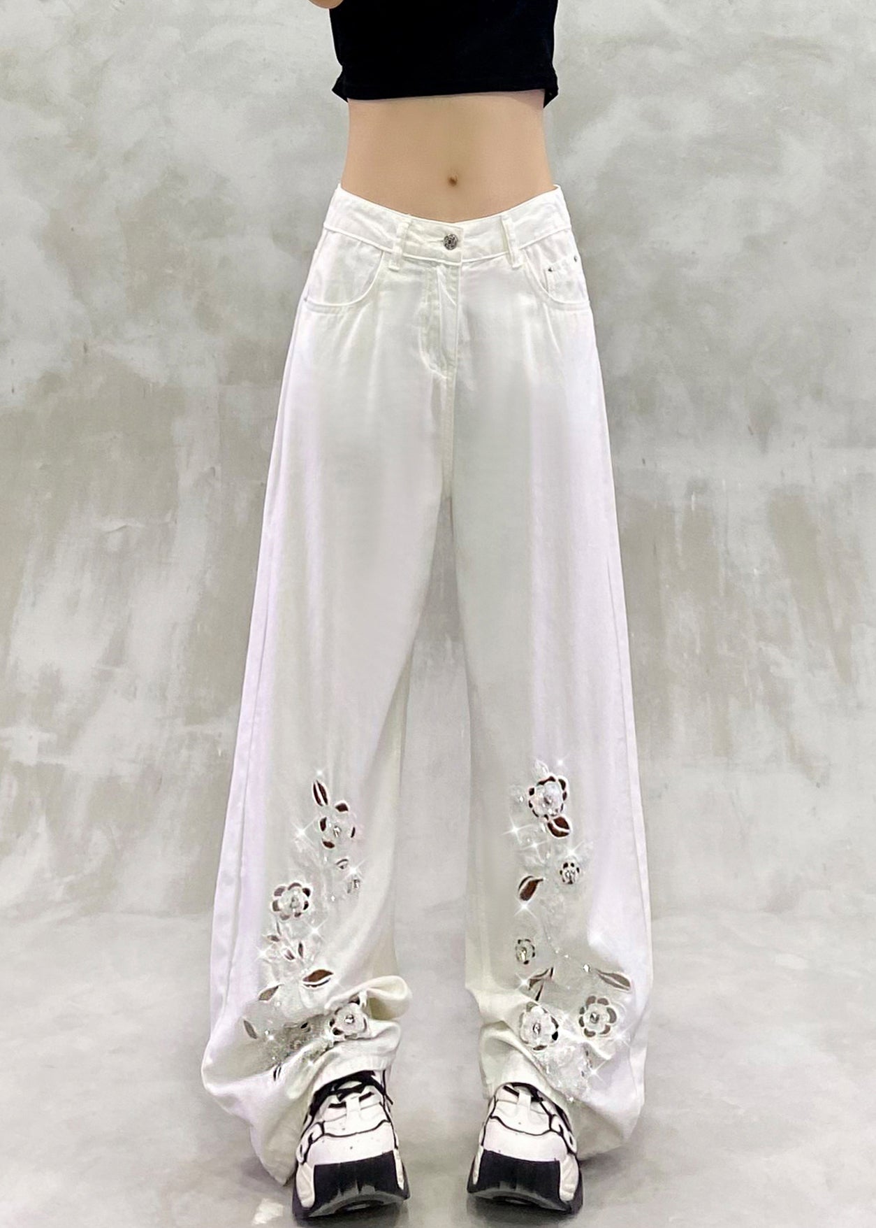 New White Hollow Out Zircon High Waist Denim Pants Summer