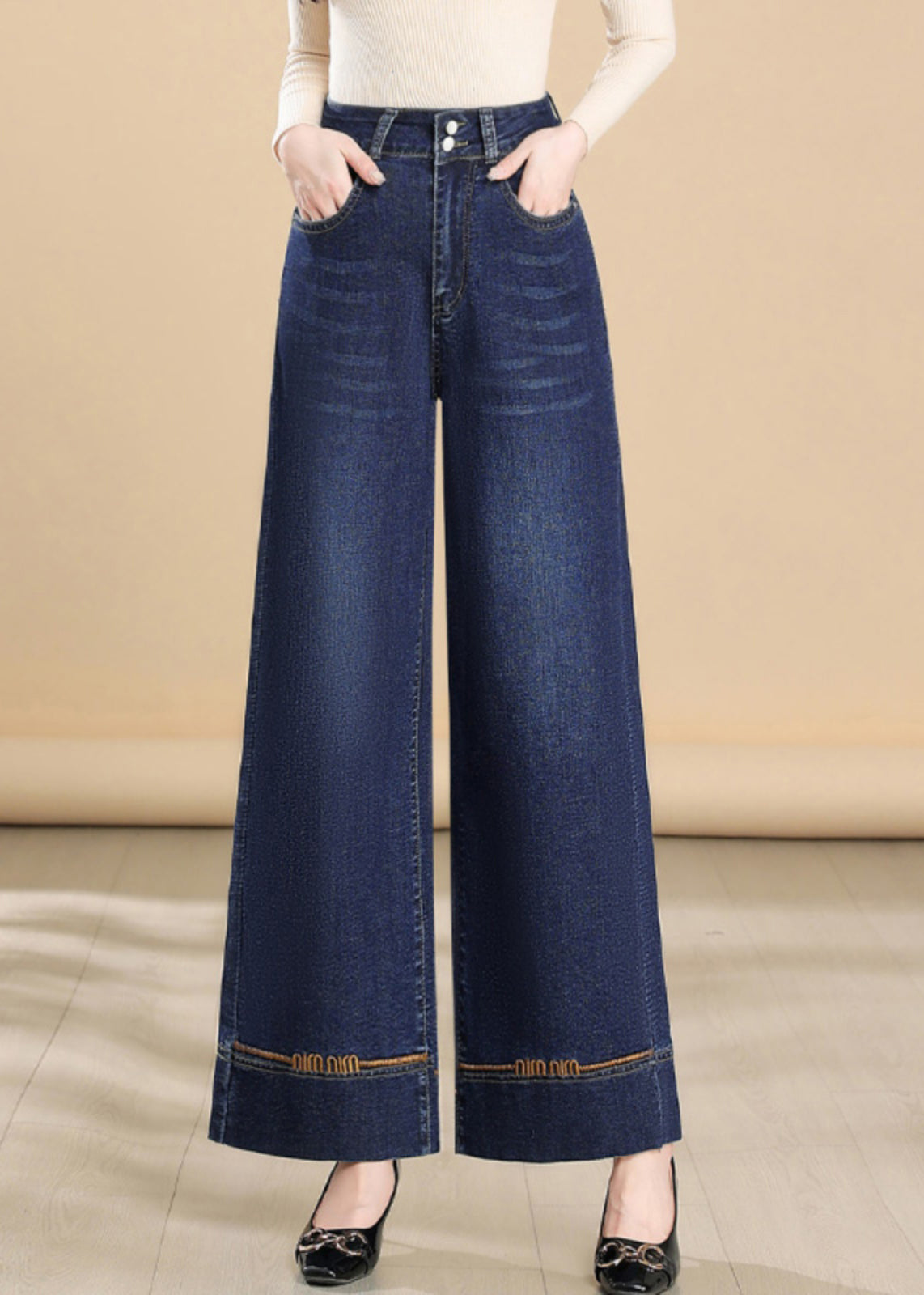 Silm Fit Navy Embroidered Denim Wide Leg Pants Summer