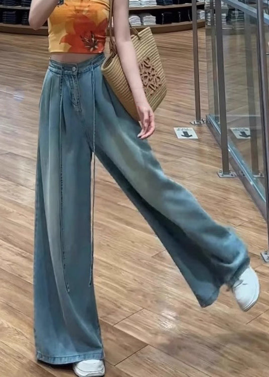 Modern Blue Lace Up High Waist Denim Wide Leg Pants Summer