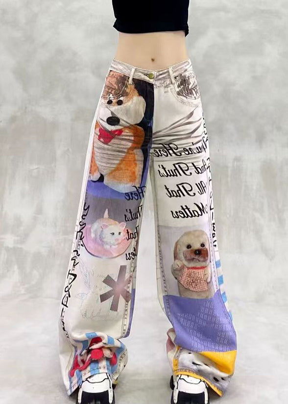 Modern Print Pockets High Waist Denim Pants Summer