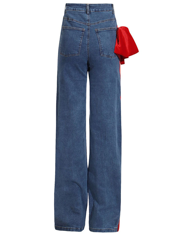 Chic Red Tied High Waist Buttoned Straight Jeans