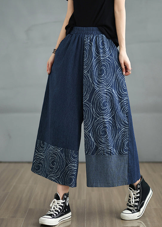Bohemian Navy Asymmetrical Print Denim Pants Summer