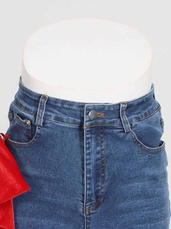 Chic Red Tied High Waist Buttoned Straight Jeans