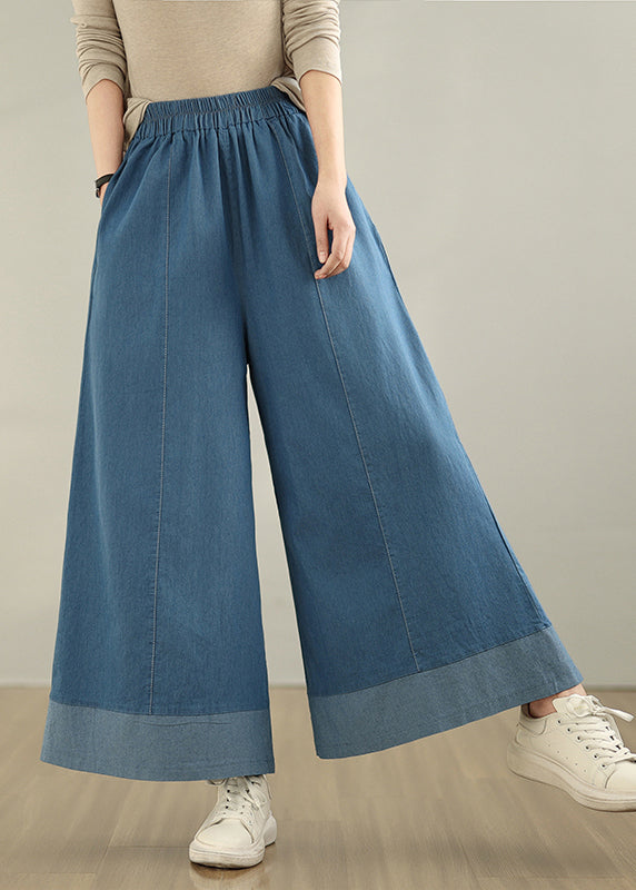 Classy Blue Elastic Waist Denim Wide Leg Pants Summer
