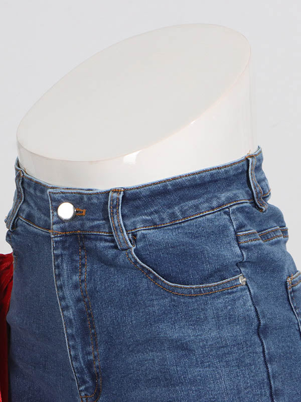 Chic Red Tied High Waist Buttoned Straight Jeans