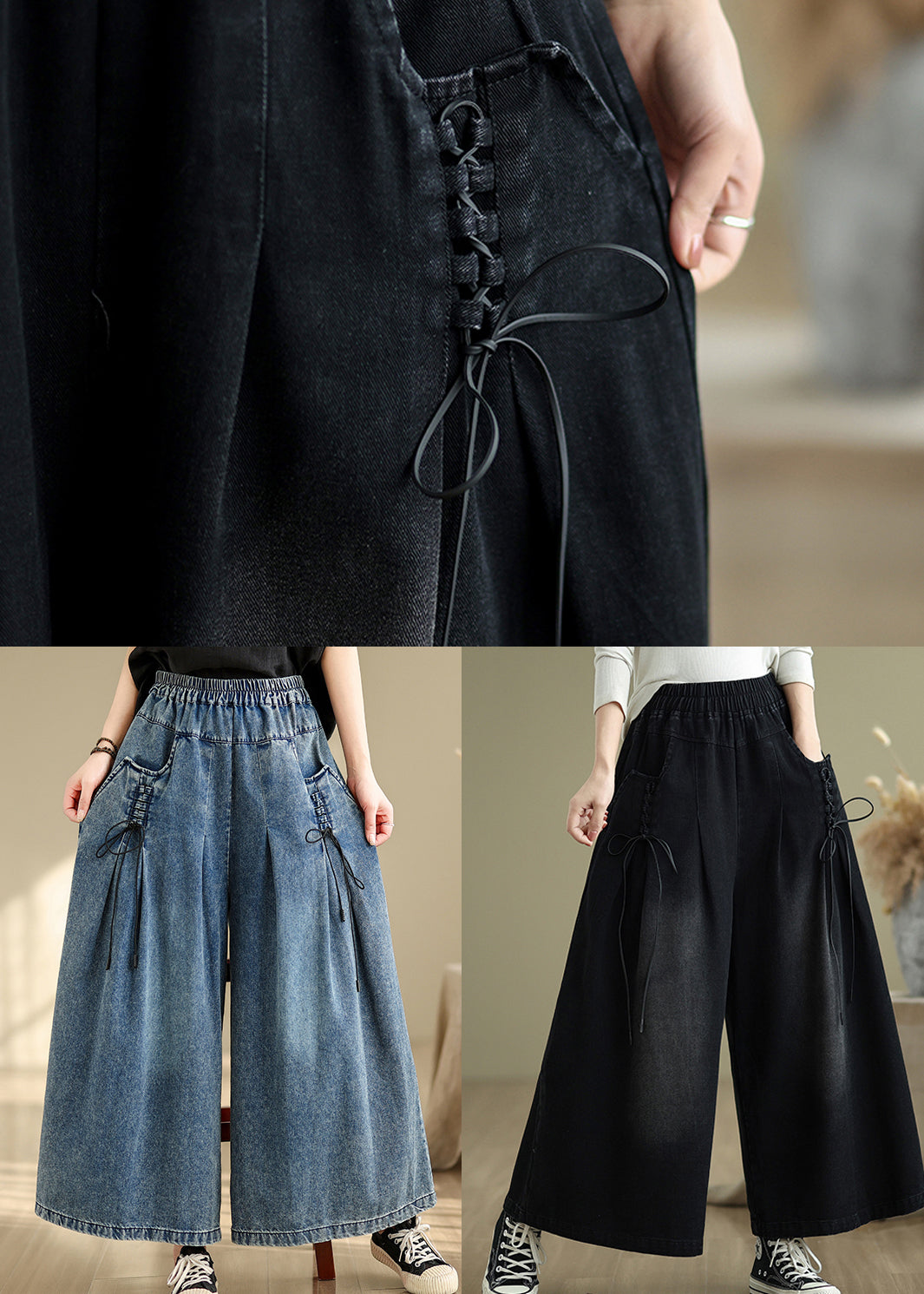 Modern Black Cross Strap Denim Wide Leg Pants Summer