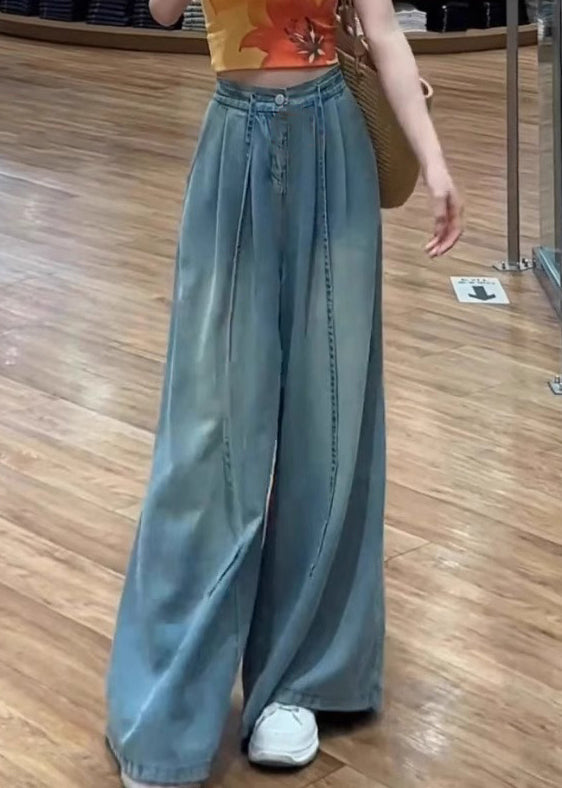 Modern Blue Lace Up High Waist Denim Wide Leg Pants Summer