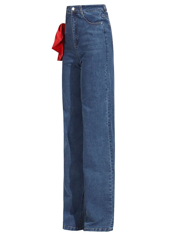 Chic Red Tied High Waist Buttoned Straight Jeans