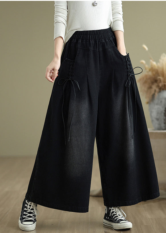Modern Black Cross Strap Denim Wide Leg Pants Summer