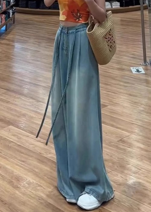Modern Blue Lace Up High Waist Denim Wide Leg Pants Summer