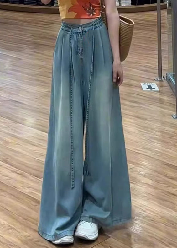 Modern Blue Lace Up High Waist Denim Wide Leg Pants Summer